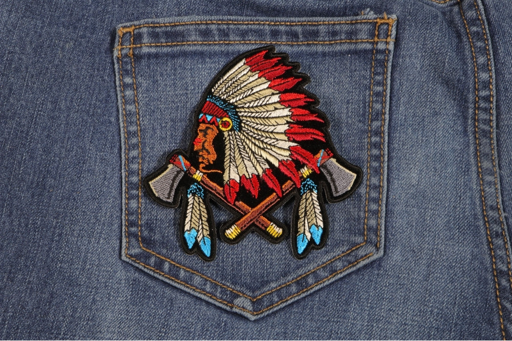Indian Chief Patch With Battle Axes and Feathers – Embroidered Iron-On Patch ( 4 x 4 inches )